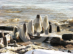 Ice formation at Michigan lake pier at Milwaukee