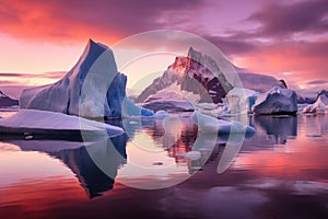 Ice formations and icebergs in Glacier Lagoon, Iceland, Europe, Early morning summer alpenglow lighting up icebergs during