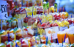 Ice fresh fruits shakes in a market