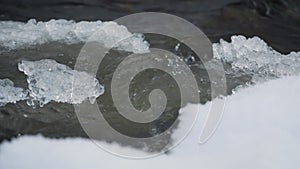 Ice on frozen river, water flowing around, closeup macro detail, slow motion video