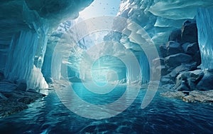 Ice Glacier with a Blue Lagoon Caves Visable Underwater in the Lagoon Icy Environment AI Generative