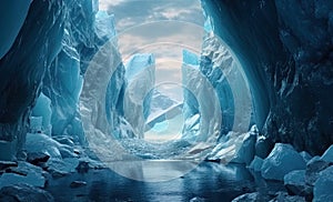 Ice Glacier with a Blue Lagoon Caves Visable Underwater in the Lagoon Icy Environment AI Generative