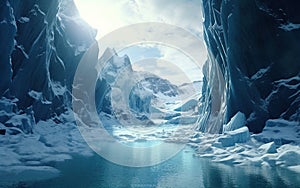 Ice Glacier with a Blue Lagoon Caves Visable Underwater in the Lagoon Icy Environment AI Generative