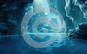 Ice Glacier with a Blue Lagoon Caves Visable Underwater in the Lagoon Icy Environment AI Generative