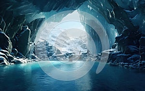 Ice Glacier with a Blue Lagoon Caves Visable Underwater in the Lagoon Icy Environment Landscape Background AI Generative