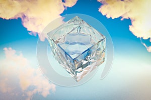 ice glas cube floating in the air over infinite colorfull background with white cloudes 3D Illustration