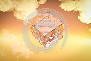 ice glas cube floating in the air over infinite colorfull background with white cloudes 3D Illustration