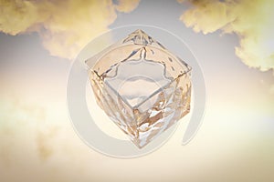 ice glas cube floating in the air over infinite colorfull background with white cloudes 3D Illustration
