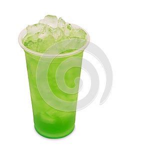 Ice green tea with apple fruit in takeaway glass isolated