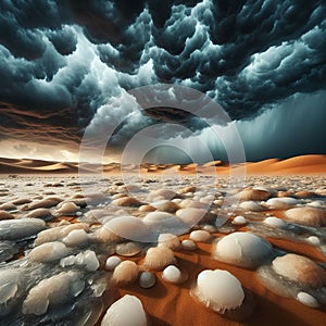 Ice hail in the desert. A rare mystical phenomenon.