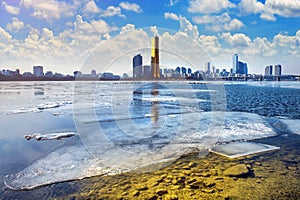 Ice of Han river and cityscape in winter,Korea.