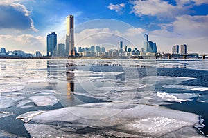 Ice of Han river and cityscape in winter,Seoul in Korea.