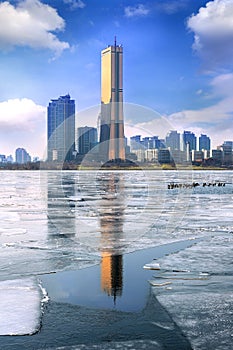 Ice of Han river and cityscape in winter,Seoul in Korea.