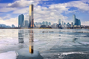 Ice of Han river and cityscape in winter,Seoul in Korea.