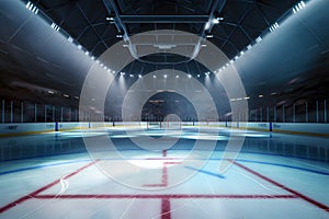 Ice hockey arena illuminated by overhead lights, highlighting blue and red markings photo