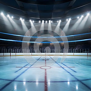 Ice hockey arena illuminated by overhead lights, highlighting blue and red markings photo