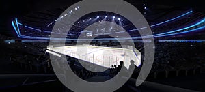 Ice hockey arena interior angle view illuminated by spotlights