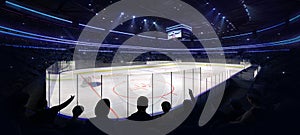 Ice hockey arena interior corner angle view with fans front