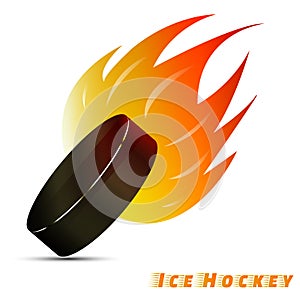 Ice hockey ball with red orange yellow tone fire in the white background. sport ball logo design. Hockey logo. vector.