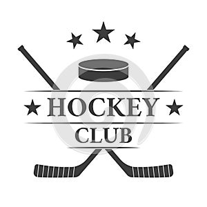 Ice hockey club logo or badge with crossed hockey sticks and a puck. Vector illustration
