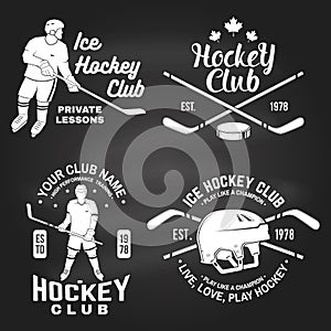 Ice Hockey club logo, badge design on chalkboard. Concept for shirt or logo, print, stamp or tee. Winter sport. Vintage