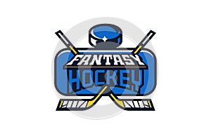 Ice hockey fantasy league logo, emblem. Colorful fantasy league emblem, puck and sticks on shield background. Ice hockey