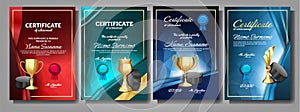 Ice Hockey Game Certificate Diploma With Golden Cup Set Vector. Sport Award Template. Achievement Design. Honor