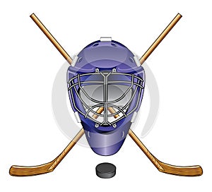 Ice Hockey Goalie Mask Sticks and Puck