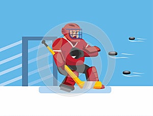 Ice hockey goalie try to catch many puck, hockey keeper character in ice hockey sport game with blue background in cartoon flat il