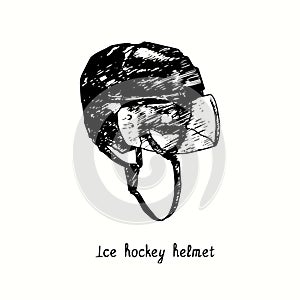 Ice hockey helmet. Ink black and white doodle drawing