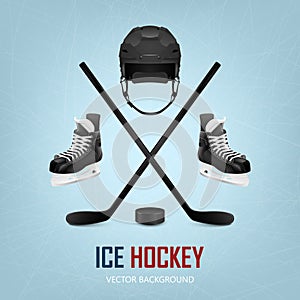 Ice hockey helmet, puck, sticks and skates. photo