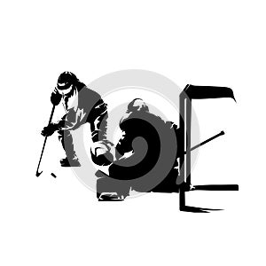 Ice hockey, hockey player tries to beat goalie. Isolated vector silhouette, winter team sport