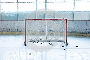 Ice hockey ice rink and empty net