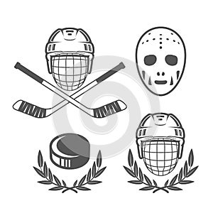 Ice hockey insignias, hockey helmet and retro goalkeeper mask, hockey puck logos