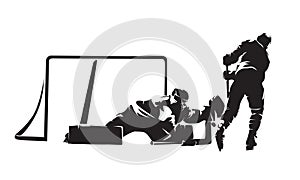Ice hockey penalty shot, isolated vector silhouette, ink drawing. Breakaway. Hockey goaltender makes save photo