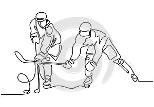 Ice hockey player. Continuous one line drawings of winter sport theme. Two person playing with stick and ball