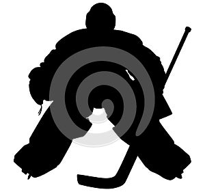 Ice hockey player Goaltender, goalie in full goalkeeper equipment playing ice hockey. Isolated Silhouette