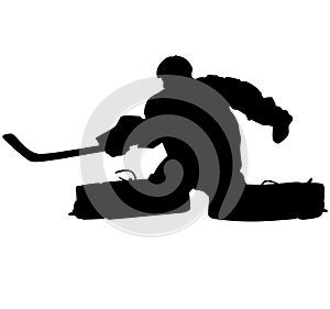 Ice hockey player Goaltender, goalie in full goalkeeper equipment playing ice hockey. Isolated Silhouette