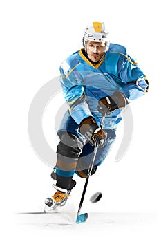 Ice hockey player isolated on black background