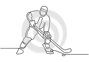Ice hockey player. One continuous line drawing minimalism person with stick playing winter game sport