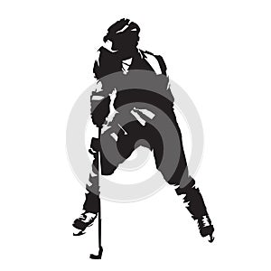 Ice hockey player with puck, vector silhouette