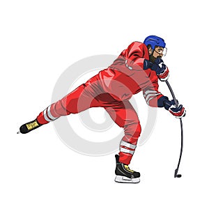 Ice hockey player in red jersey shooting puck
