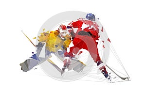 Ice hockey player shoots puck, goalie makes save. Polygonal vector illustration