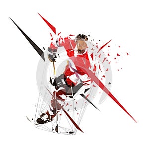 Ice hockey player skating with a puck, low polygonal vector illustration. Hockey player front view