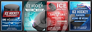 Ice Hockey Poster Set Vector. Design For Sport Bar Promotion. Ice Hockey Puck. Modern Tournament. Sport Event