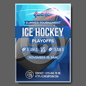 Ice Hockey Poster Vector. Design For Sport Bar Promotion. Ice Hockey Puck. A4 Size. Modern Winter Championship