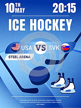 Ice Hockey poster vector illustration. USA with Slovakia game flyer. Countries flags icons with pucks. Men`s Hockey