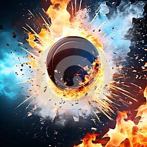 Ice Hockey Puck Exploding by Elements - Fire and Water Background for Sports Tournament Poster or Playbill