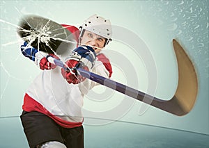 Ice hockey puck hit the opponent visor photo