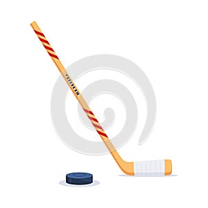 Ice Hockey puck and stick. Sport symbol. Vector Illustration isolated on white background